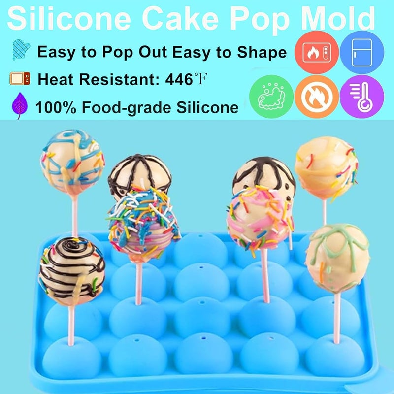 YIICUZP 606Pcs Cake Pop Kit,Silicone Lollipop Molds Including Lollipop Sticks,Measuring Cup,Treat Bags,Twist Ties,Decorating Pen,Meat Baller with Handles,Round Mold,Lollipop, Candy,Display Stand Holder(Blue) - Image 4